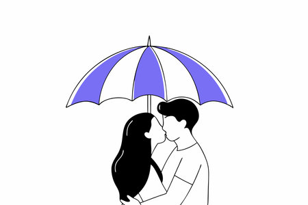 Happy valentine day sweet couple in love hugging and kissing under umbrella on a rainy-day concept illustration vector art on white backgroundのイラスト素材