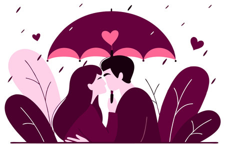 Happy valentine day sweet couple in love hugging and kissing under umbrella on a rainy-day concept illustration vector art on white backgroundのイラスト素材