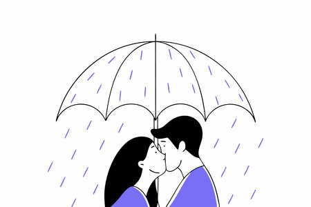 Happy valentine day sweet couple in love hugging and kissing under umbrella on a rainy-day concept illustration vector art on white backgroundのイラスト素材