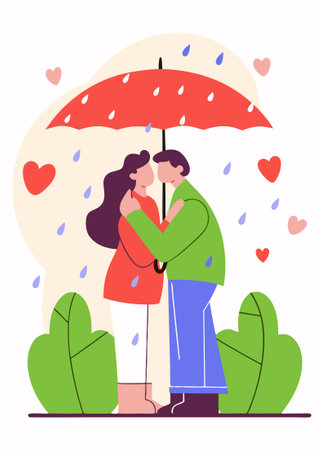 Happy valentine day sweet couple in love hugging and kissing under umbrella on a rainy-day concept illustration vector art on white backgroundのイラスト素材