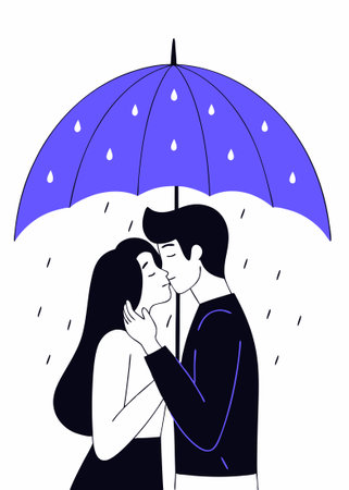 Happy valentine day sweet couple in love hugging and kissing under umbrella on a rainy-day concept illustration vector art on white backgroundのイラスト素材
