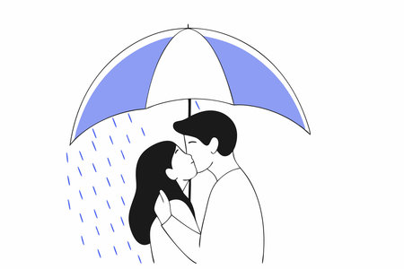 Happy valentine day sweet couple in love hugging and kissing under umbrella on a rainy-day concept illustration vector art on white backgroundのイラスト素材
