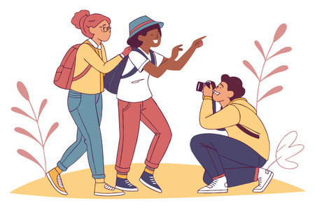 Group of young people posing for a photo concept illustration vector art on white backgroundのイラスト素材