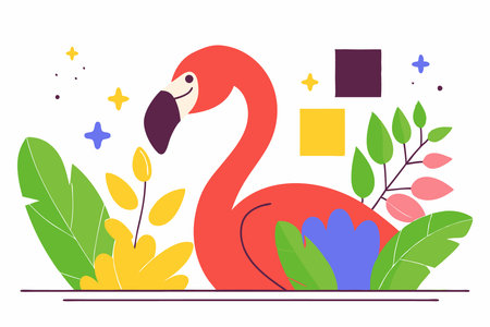 Flamingo surrounded by leaves and flowers watercolor paint concept illustration vector art on white backgroundのイラスト素材