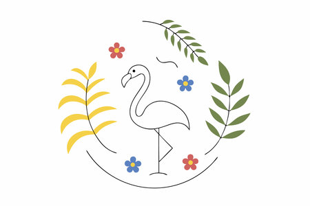 Flamingo surrounded by leaves and flowers watercolor paint concept illustration vector art on white backgroundのイラスト素材
