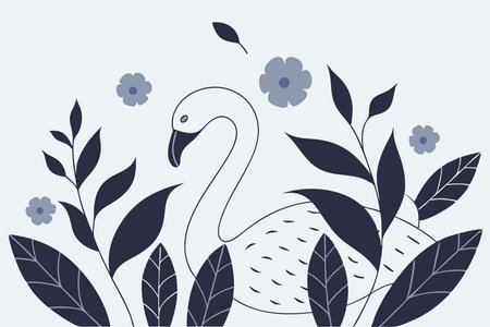 Flamingo surrounded by leaves and flowers watercolor paint concept illustration vector art on white backgroundのイラスト素材
