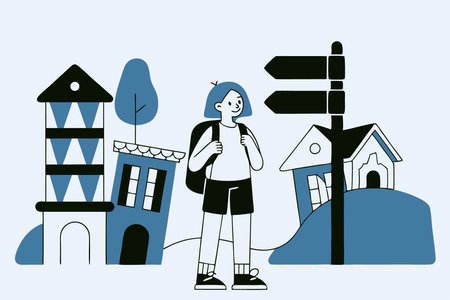 Girl in a tourist town watercolor paint concept illustration vector art on white backgroundのイラスト素材
