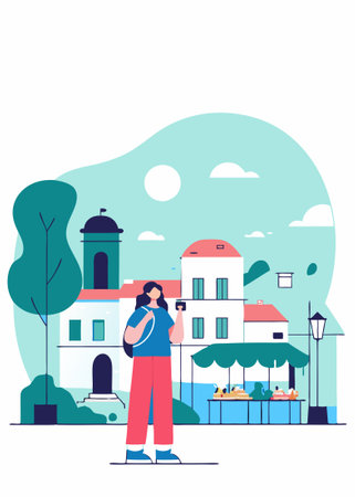 Girl in a tourist town watercolor paint concept illustration vector art on white backgroundのイラスト素材