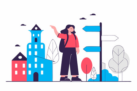 Girl in a tourist town watercolor paint concept illustration vector art on white backgroundのイラスト素材
