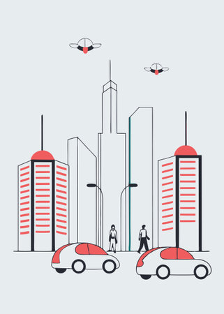 Modern future city center street view concept illustration vector art on white backgroundのイラスト素材