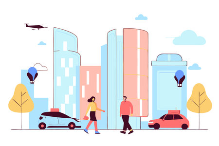 Modern future city center street view concept illustration vector art on white backgroundのイラスト素材