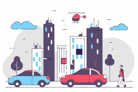Modern future city center street view concept illustration vector art on white backgroundのイラスト素材