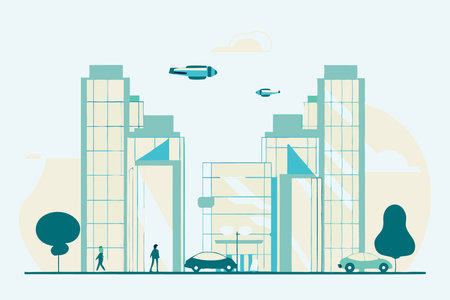 Modern future city center street view concept illustration vector art on white backgroundのイラスト素材