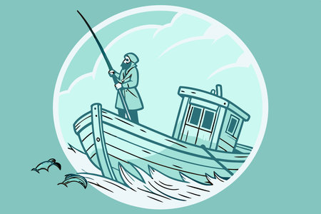 Old fishing boat mist blue background stormy old fisherman concept illustration vector art on white backgroundのイラスト素材