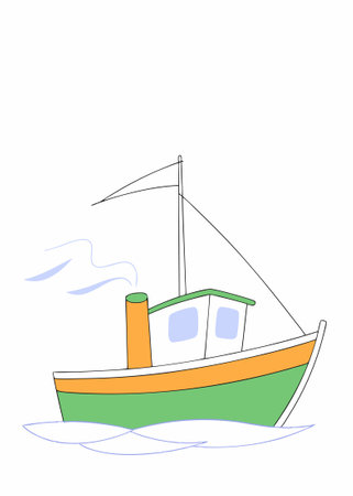 Old fishing boat mist blue background stormy old fisherman concept illustration vector art on white backgroundのイラスト素材