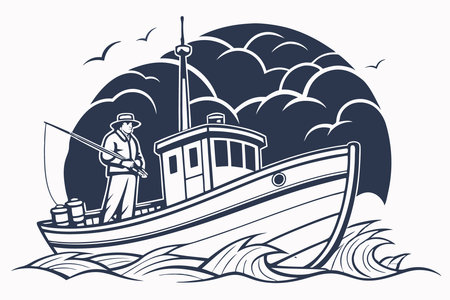 Old fishing boat mist blue background stormy old fisherman concept illustration vector art on white backgroundのイラスト素材