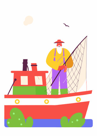 Old fishing boat mist blue background stormy old fisherman concept illustration vector art on white backgroundのイラスト素材