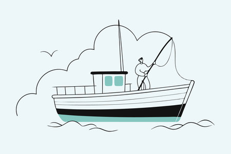 Old fishing boat mist blue background stormy old fisherman concept illustration vector art on white backgroundのイラスト素材