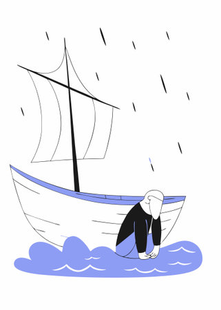 Old fishing boat mist blue background stormy old fisherman concept illustration vector art on white backgroundのイラスト素材