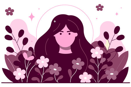 Portrait of a girl surrounded by flowers watercolor hand paint concept illustration vector art on white backgroundのイラスト素材
