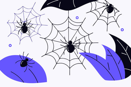 Spiders in webs watercolor paint concept illustration vector art on white backgroundのイラスト素材