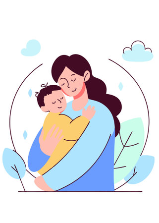 Young mother hugs her baby with love and affection concept illustration vector art on white backgroundのイラスト素材