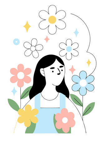Portrait of a girl surrounded by flowers watercolor hand paint concept illustration vector art on white backgroundのイラスト素材