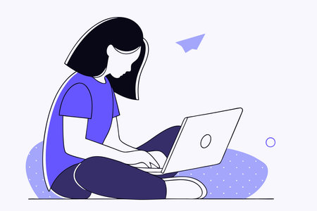 A girl sits alone with her laptop concept illustration vector art on white backgroundのイラスト素材