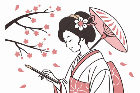 Geisha girl watercolor paint concept illustration vector art on white backgroundのイラスト素材
