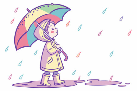 Little girl standing with umbrella in the rain watercolor paint concept illustration vector art on white backgroundのイラスト素材