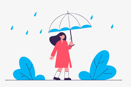 Little girl standing with umbrella in the rain watercolor paint concept illustration vector art on white backgroundのイラスト素材