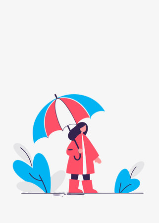 Little girl standing with umbrella in the rain watercolor paint concept illustration vector art on white backgroundのイラスト素材