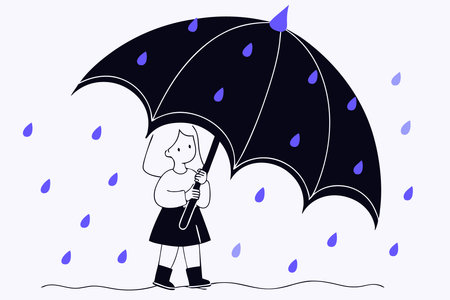 Little girl standing with umbrella in the rain watercolor paint concept illustration vector art on white backgroundのイラスト素材