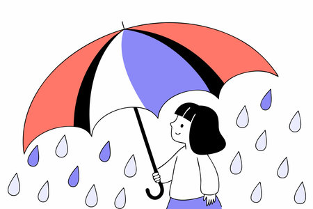 Little girl standing with umbrella in the rain watercolor paint concept illustration vector art on white backgroundのイラスト素材