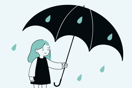 Little girl standing with umbrella in the rain watercolor paint concept illustration vector art on white backgroundのイラスト素材