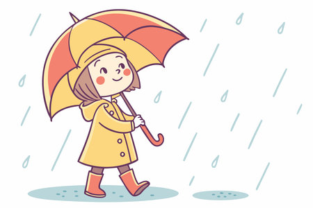 Little girl standing with umbrella in the rain watercolor paint concept illustration vector art on white backgroundのイラスト素材