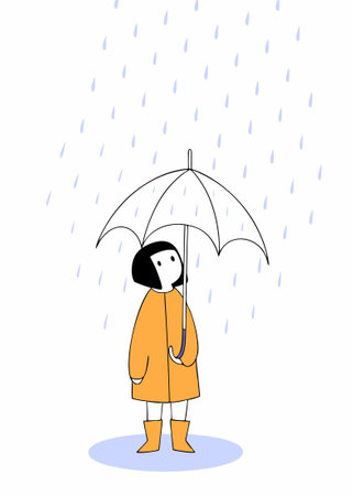Little girl standing with umbrella in the rain watercolor paint concept illustration vector art on white backgroundのイラスト素材