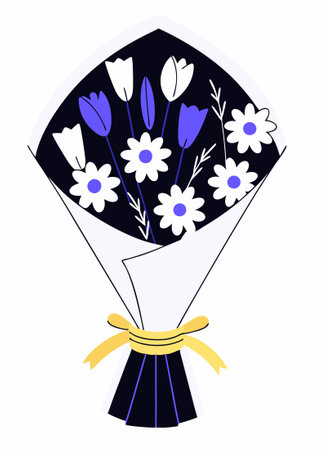 A bouquet of spring flowers tied with a ribbon, designed in a cheerful flat style concept illustration vector art on white backgroundのイラスト素材