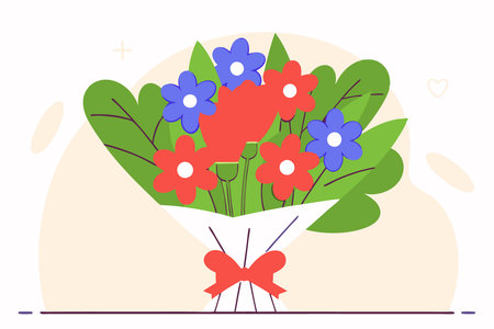 A bouquet of spring flowers tied with a ribbon, designed in a cheerful flat style concept illustration vector art on white backgroundのイラスト素材