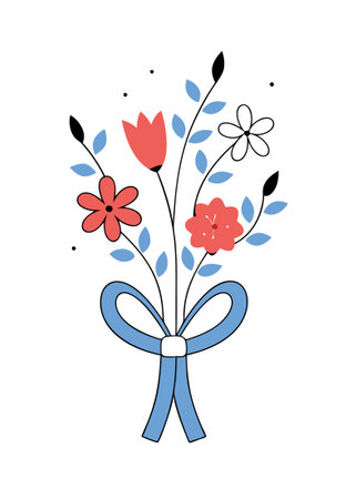 A bouquet of spring flowers tied with a ribbon, designed in a cheerful flat style concept illustration vector art on white backgroundのイラスト素材