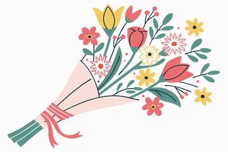 A bouquet of spring flowers tied with a ribbon, designed in a cheerful flat style concept illustration vector art on white backgroundのイラスト素材