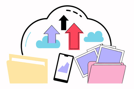 A cloud storage concept showing a cloud icon with arrows, files, and digital elements concept illustration vector art on white backgroundのイラスト素材