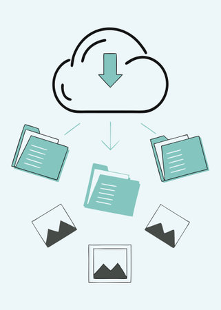 A cloud storage concept showing a cloud icon with arrows, files, and digital elements concept illustration vector art on white backgroundのイラスト素材