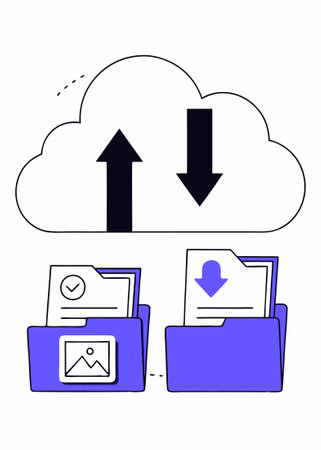 A cloud storage concept showing a cloud icon with arrows, files, and digital elements concept illustration vector art on white backgroundのイラスト素材