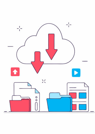 A cloud storage concept showing a cloud icon with arrows, files, and digital elements concept illustration vector art on white backgroundのイラスト素材