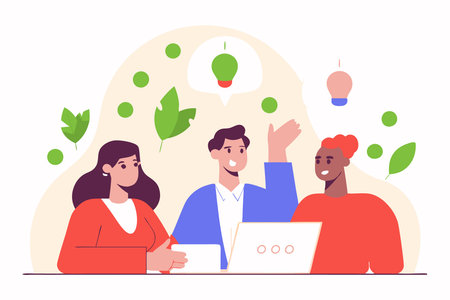 A flat of a business meeting with a diverse group of people brainstorming around a table concept illustration vector art on white backgroundのイラスト素材
