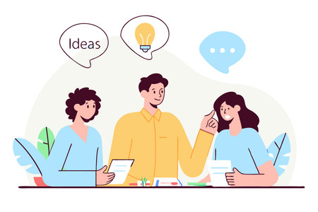 A flat of a business meeting with a diverse group of people brainstorming around a table concept illustration vector art on white backgroundのイラスト素材