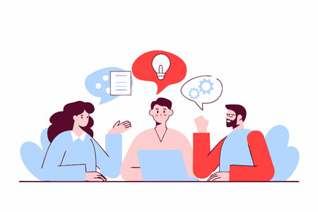 A flat of a business meeting with a diverse group of people brainstorming around a table concept illustration vector art on white backgroundのイラスト素材