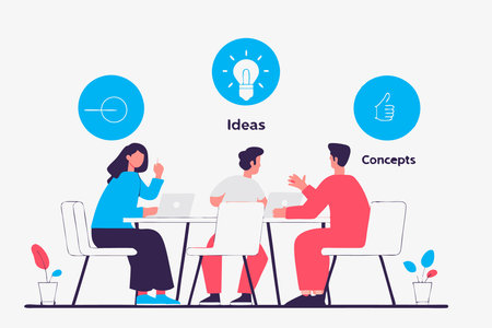 A flat of a business meeting with a diverse group of people brainstorming around a table concept illustration vector art on white backgroundのイラスト素材