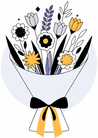 A bouquet of spring flowers tied with a ribbon, designed in a cheerful flat style concept illustration vector art on white backgroundのイラスト素材